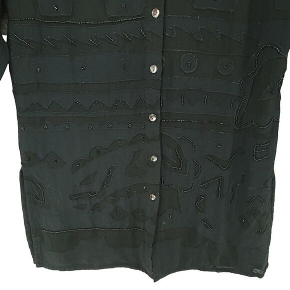 Vintage Black Beaded Rayon Shirt Dress Chico's Size S/M - Picture 4 of 13